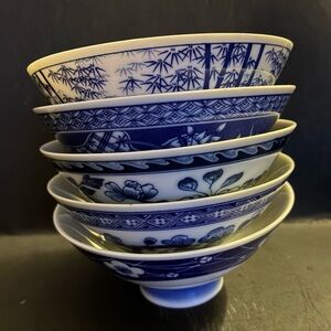 Set of 5 Blue and White Rice Bowls